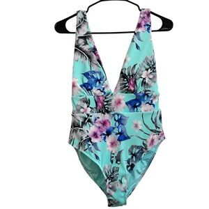 NWT TiniBikini‎ Floral Ribbed One Piece Swimsuit with Plunging V-Neckline Large